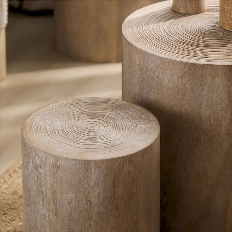 Ensemble de 3 tables basses rustiques en bois avec motifs distincts de cernes d'arbre - Parfait pour le salon