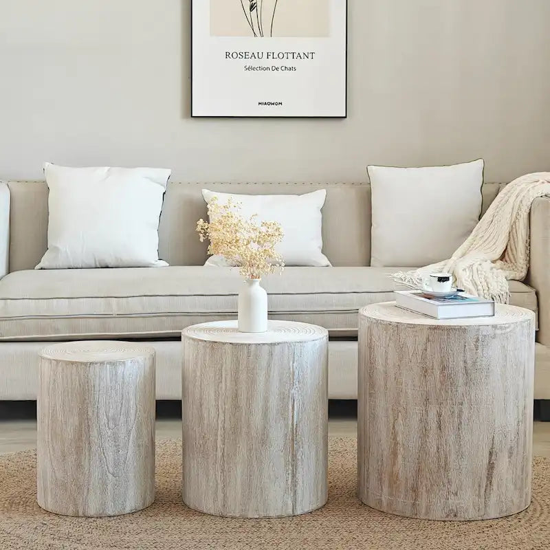 Ensemble de 3 tables basses rustiques en bois avec motifs distincts de cernes d'arbre - Parfait pour le salon