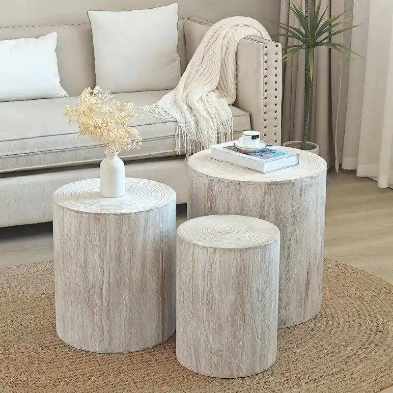 Ensemble de 3 tables basses rustiques en bois avec motifs distincts de cernes d'arbre - Parfait pour le salon