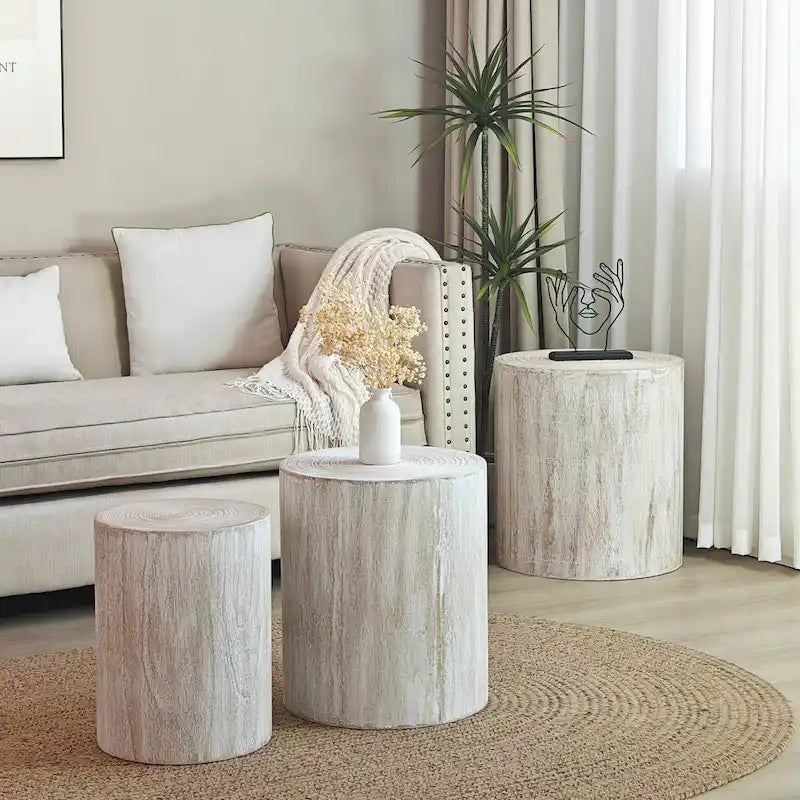 Ensemble de 3 tables basses rustiques en bois avec motifs distincts de cernes d'arbre - Parfait pour le salon