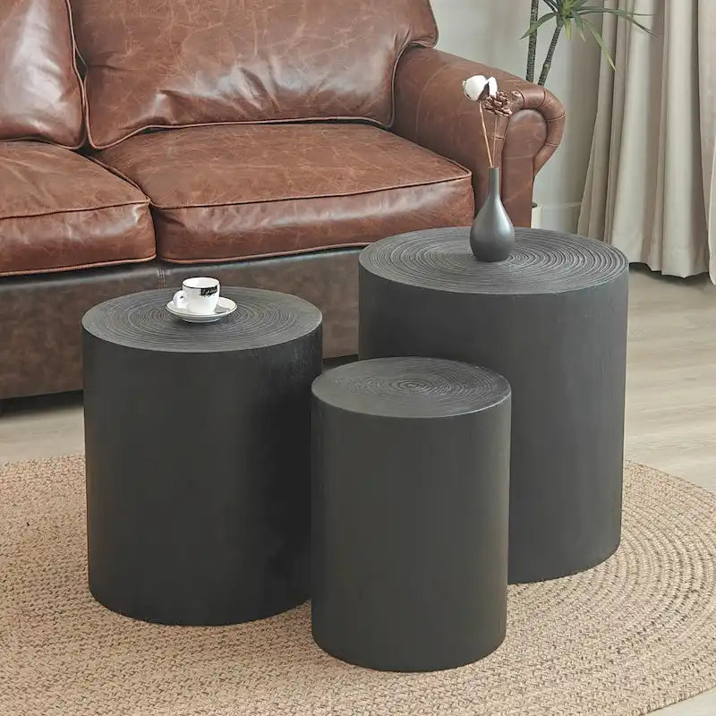 Ensemble de 3 tables basses rustiques en bois avec motifs distincts de cernes d'arbre - Parfait pour le salon