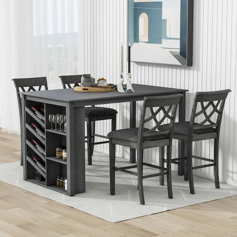 Ensemble de salle à manger 5 pièces hauteur comptoir avec casier à vin et 4 chaises rembourrées