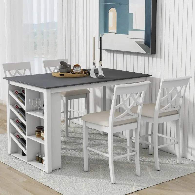 Counter Height 5-Piece Dining Set with Wine Rack, 4 Upholstered Chairs