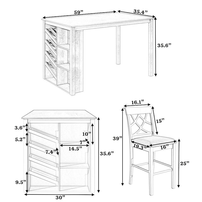 Ensemble de salle à manger 5 pièces hauteur comptoir avec casier à vin et 4 chaises rembourrées