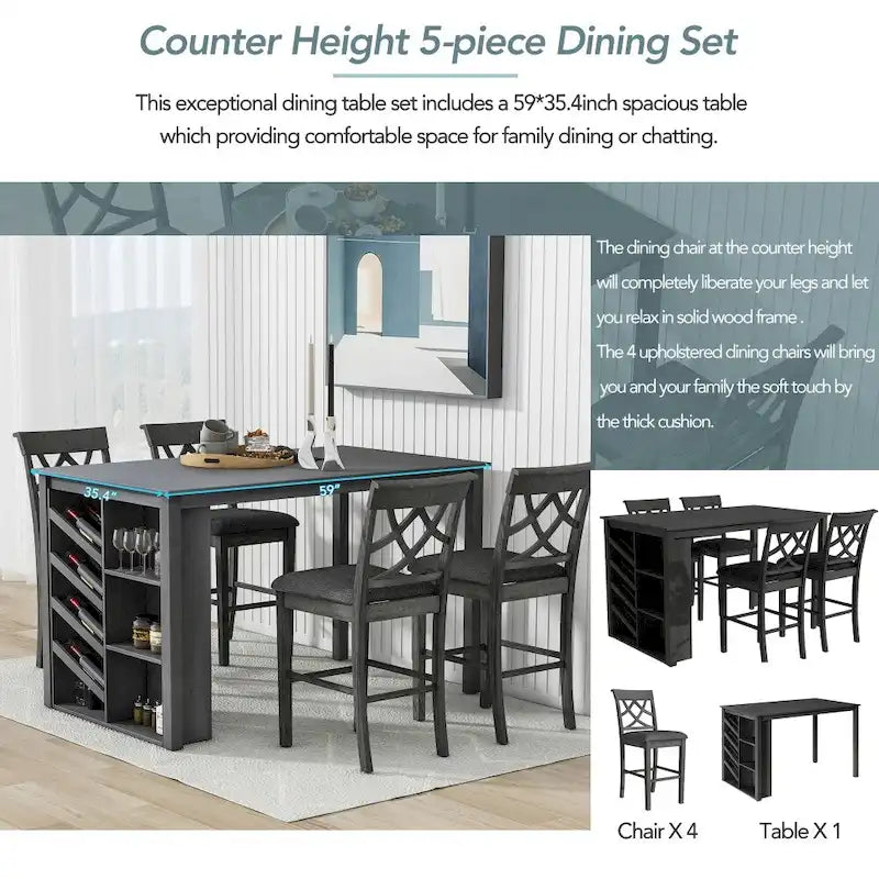 Ensemble de salle à manger 5 pièces hauteur comptoir avec casier à vin et 4 chaises rembourrées