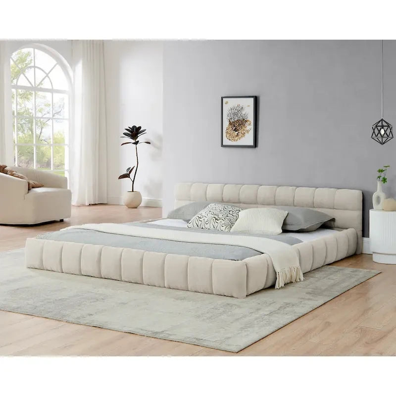 Cadre de lit King Size capitonné en tissu chenille, lit plateforme robuste avec tête de lit et cadre en bois massif