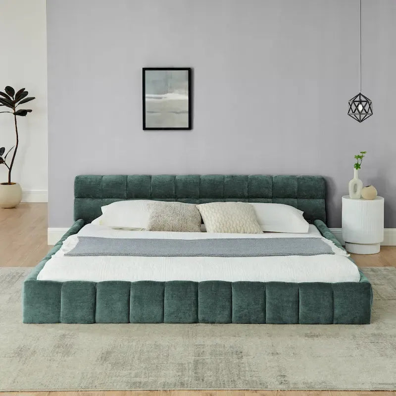 Cadre de lit King Size capitonné en tissu chenille, lit plateforme robuste avec tête de lit et cadre en bois massif