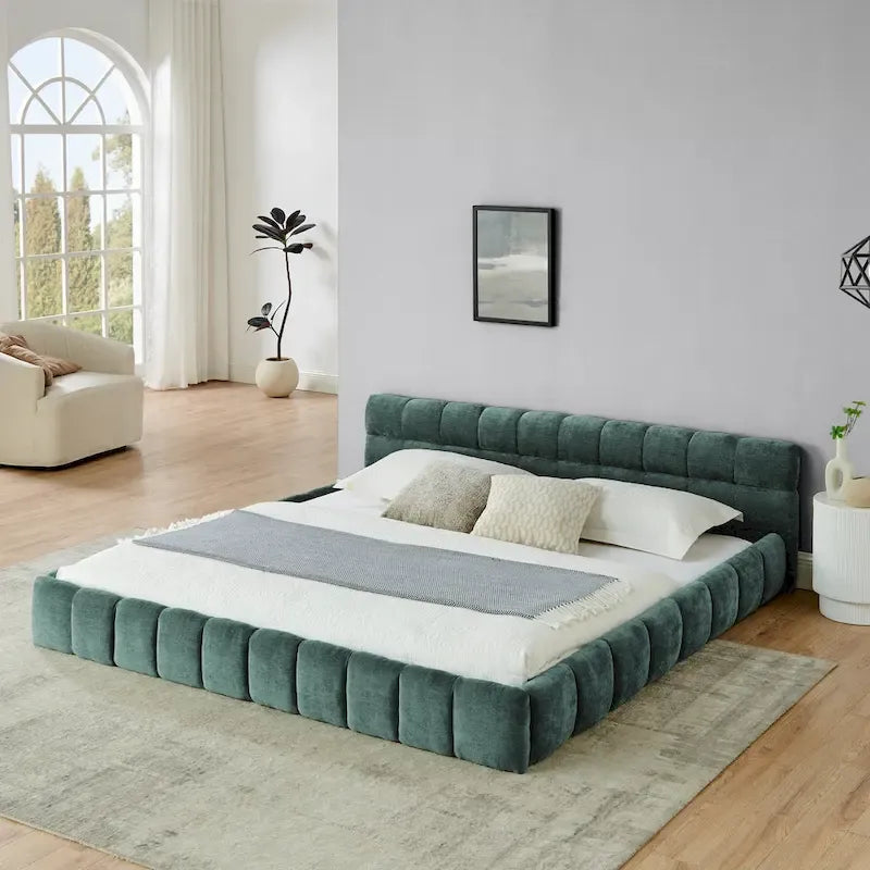 Cadre de lit King Size capitonné en tissu chenille, lit plateforme robuste avec tête de lit et cadre en bois massif