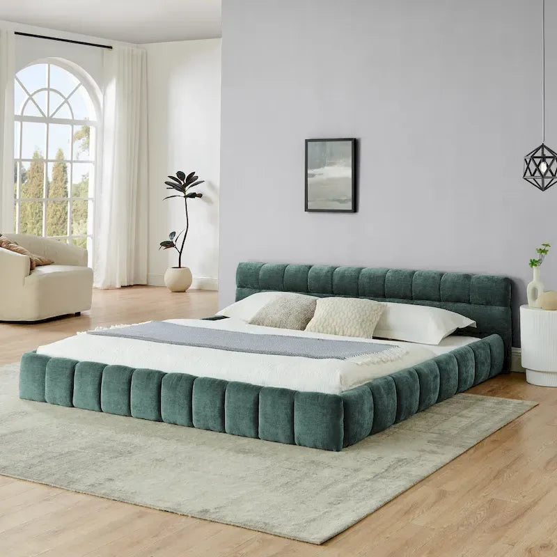Cadre de lit King Size capitonné en tissu chenille, lit plateforme robuste avec tête de lit et cadre en bois massif