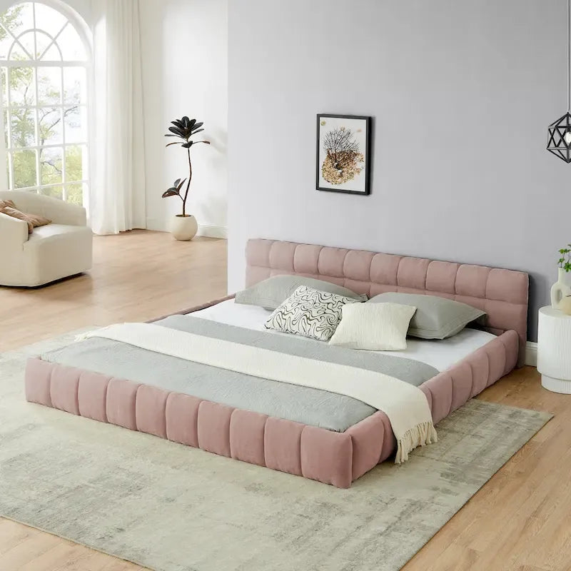 Cadre de lit King Size capitonné en tissu chenille, lit plateforme robuste avec tête de lit et cadre en bois massif