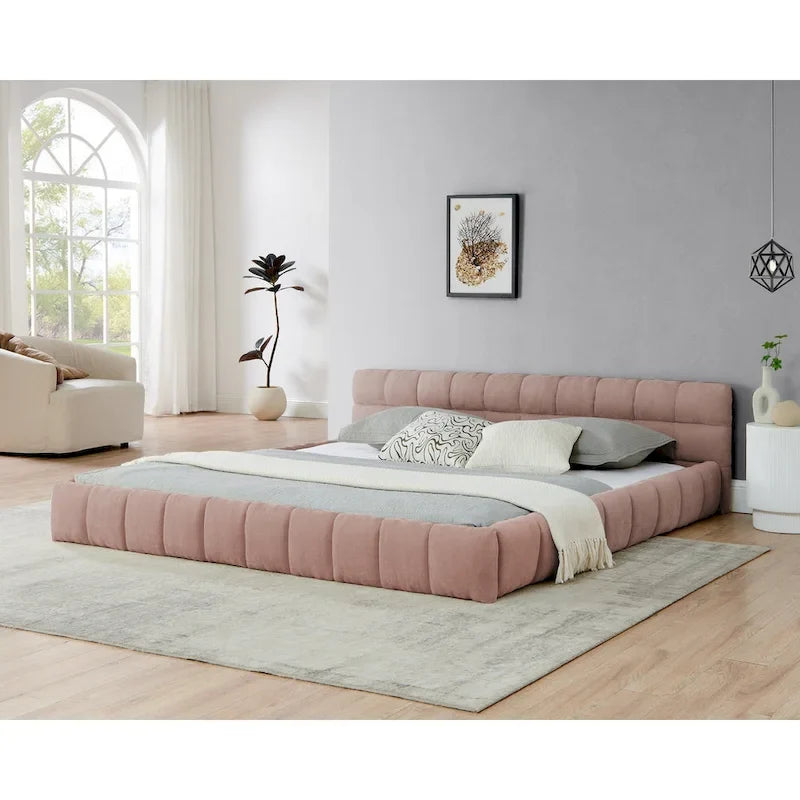 Cadre de lit King Size capitonné en tissu chenille, lit plateforme robuste avec tête de lit et cadre en bois massif
