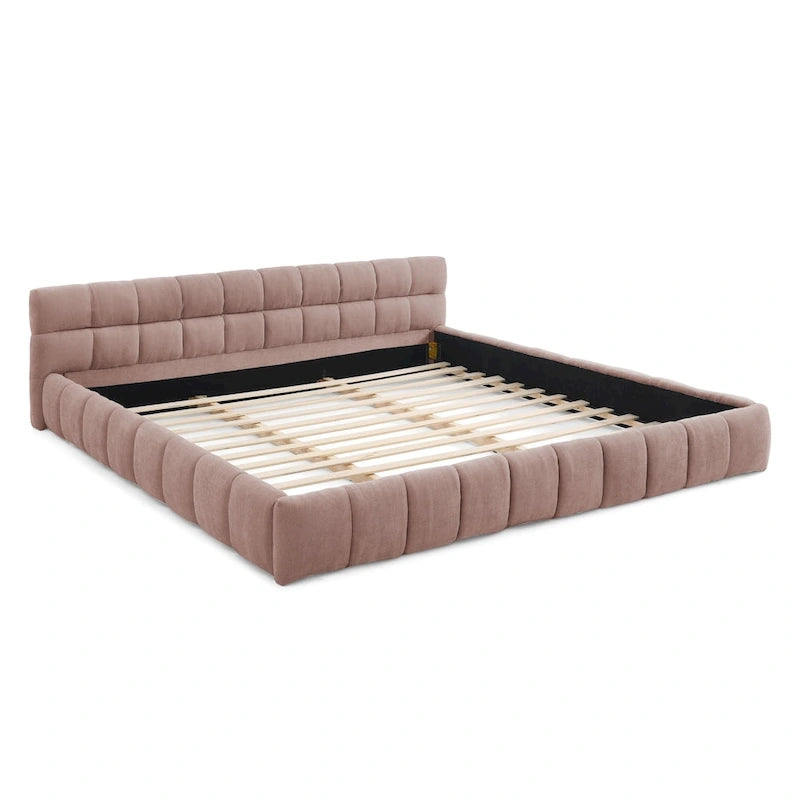 Cadre de lit King Size capitonné en tissu chenille, lit plateforme robuste avec tête de lit et cadre en bois massif