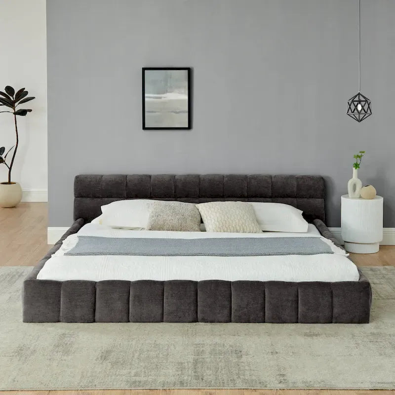 Cadre de lit King Size capitonné en tissu chenille, lit plateforme robuste avec tête de lit et cadre en bois massif
