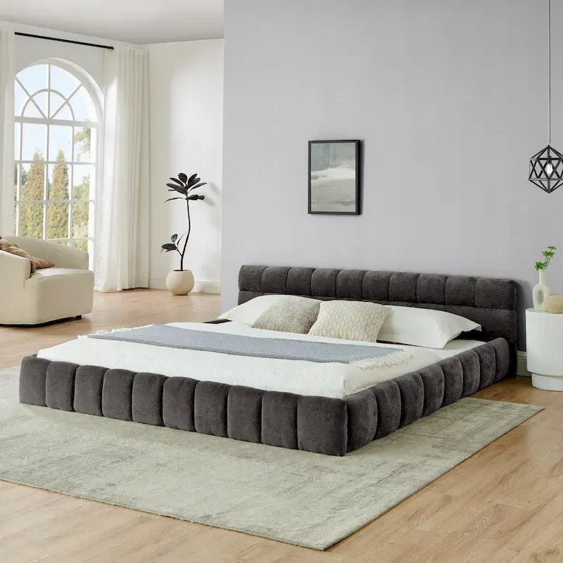 Cadre de lit King Size capitonné en tissu chenille, lit plateforme robuste avec tête de lit et cadre en bois massif