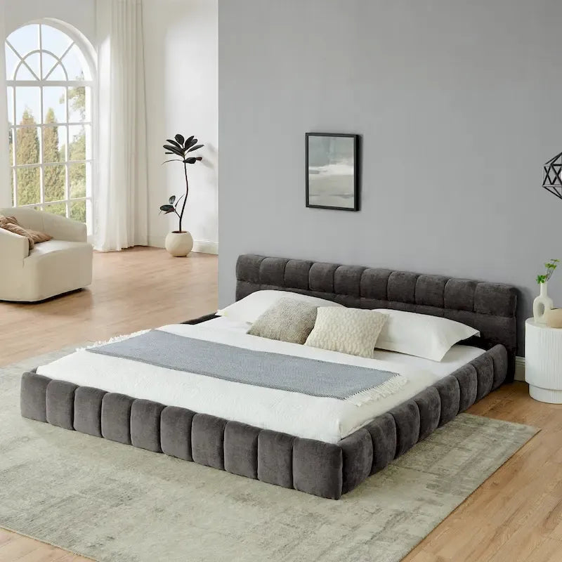 Cadre de lit King Size capitonné en tissu chenille, lit plateforme robuste avec tête de lit et cadre en bois massif