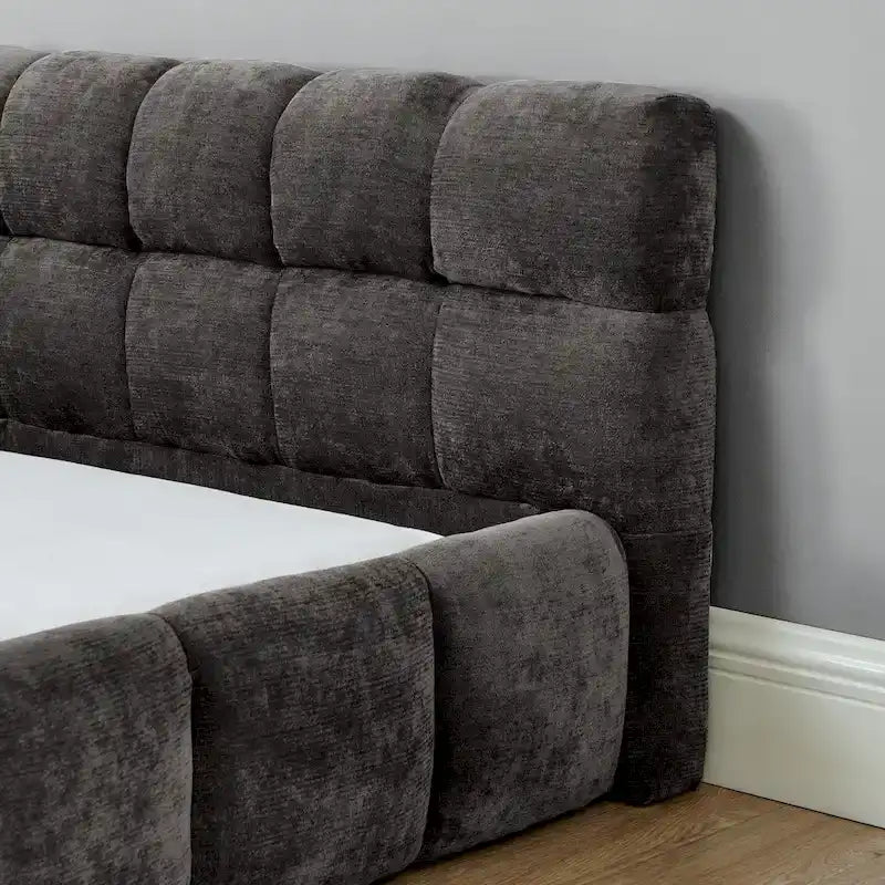 Cadre de lit King Size capitonné en tissu chenille, lit plateforme robuste avec tête de lit et cadre en bois massif