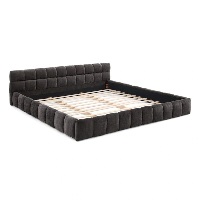 Cadre de lit King Size capitonné en tissu chenille, lit plateforme robuste avec tête de lit et cadre en bois massif