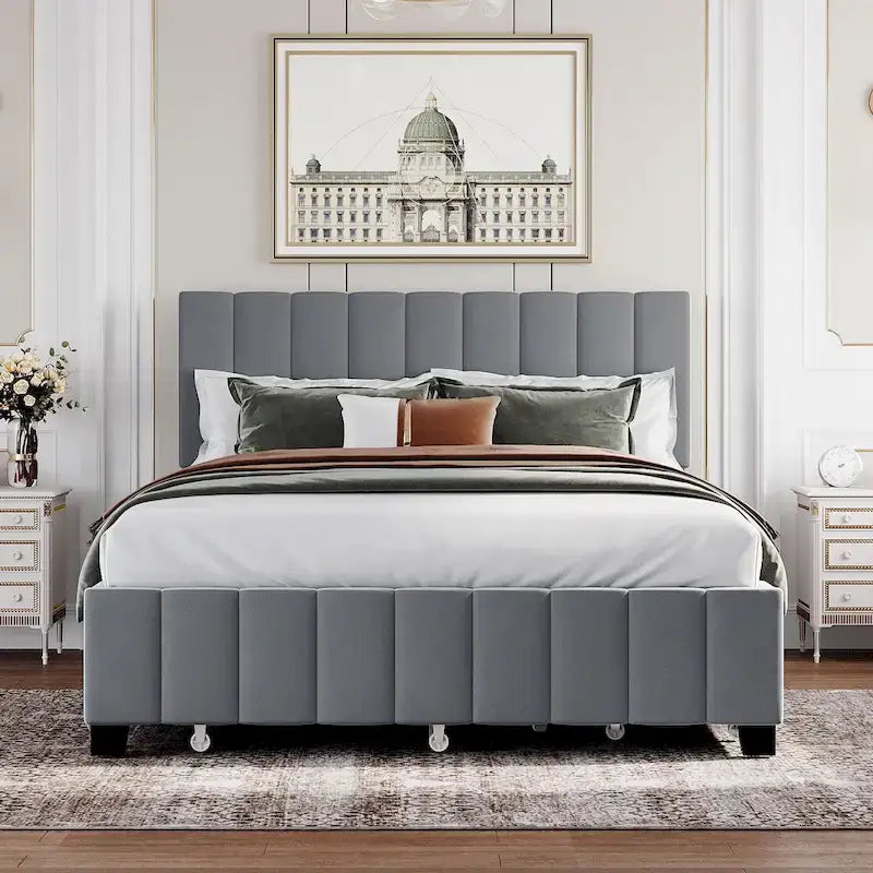 Lit Plateforme Queen Size en Velours avec 1 Lit Gigogne Twin XL, Cadre de Lit Rembourré et 2 Tiroirs de Rangement, Aucun Sommier Tapissier Requis