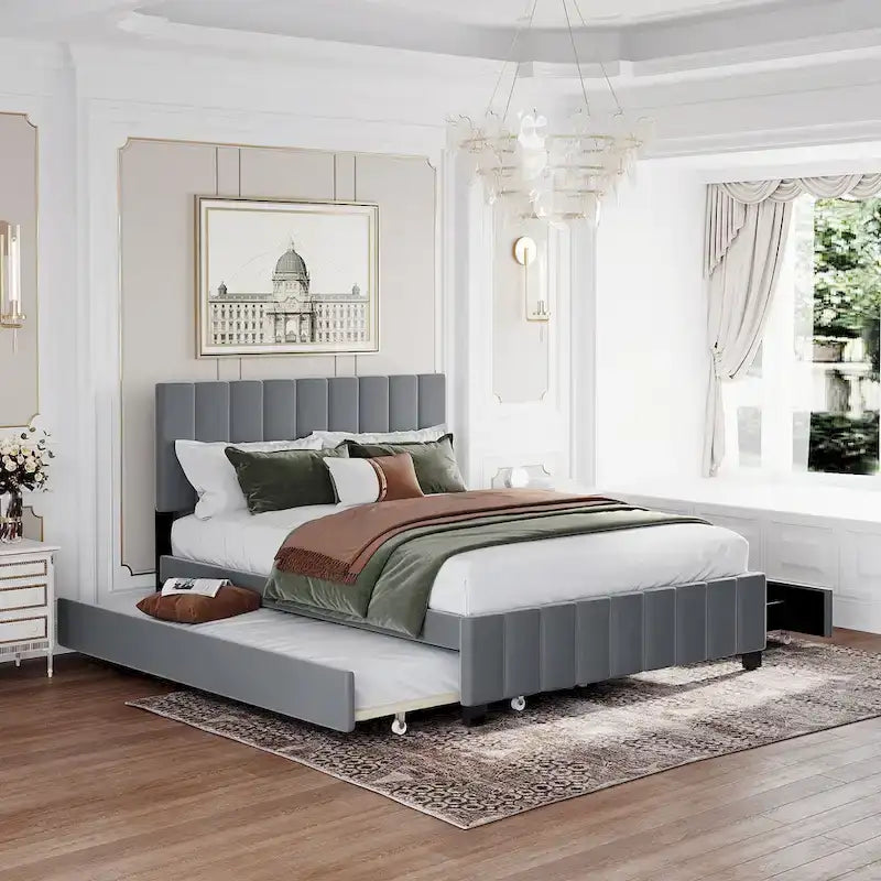 Lit Plateforme Queen Size en Velours avec 1 Lit Gigogne Twin XL, Cadre de Lit Rembourré et 2 Tiroirs de Rangement, Aucun Sommier Tapissier Requis