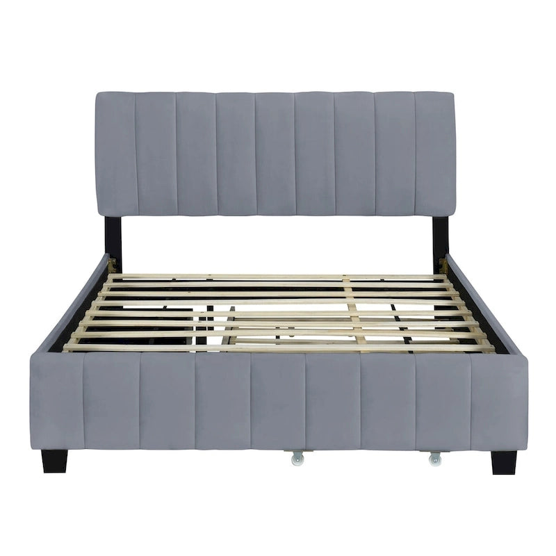 Lit Plateforme Queen Size en Velours avec 1 Lit Gigogne Twin XL, Cadre de Lit Rembourré et 2 Tiroirs de Rangement, Aucun Sommier Tapissier Requis
