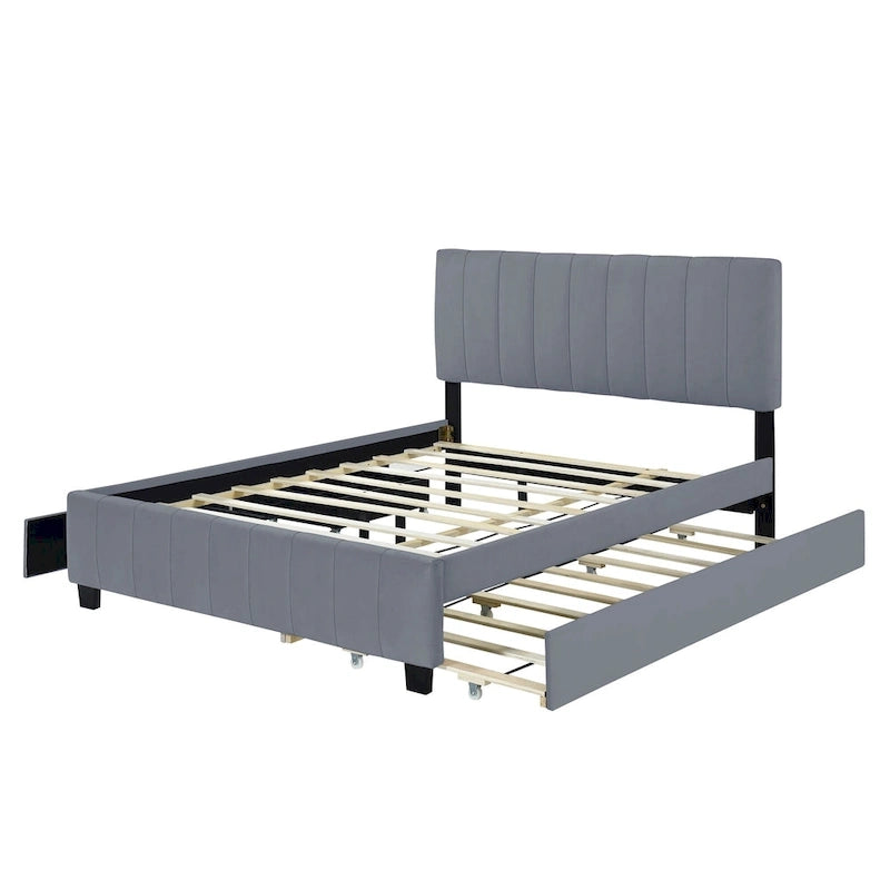 Lit Plateforme Queen Size en Velours avec 1 Lit Gigogne Twin XL, Cadre de Lit Rembourré et 2 Tiroirs de Rangement, Aucun Sommier Tapissier Requis