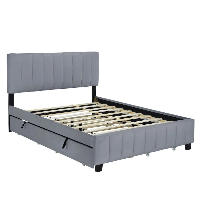 Lit Plateforme Queen Size en Velours avec 1 Lit Gigogne Twin XL, Cadre de Lit Rembourré et 2 Tiroirs de Rangement, Aucun Sommier Tapissier Requis