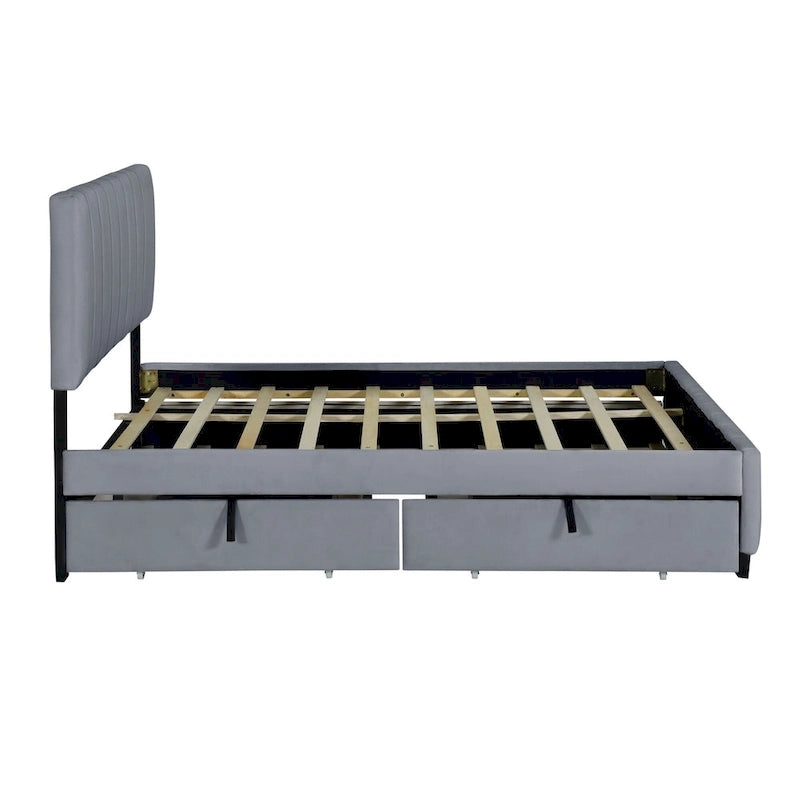 Lit Plateforme Queen Size en Velours avec 1 Lit Gigogne Twin XL, Cadre de Lit Rembourré et 2 Tiroirs de Rangement, Aucun Sommier Tapissier Requis