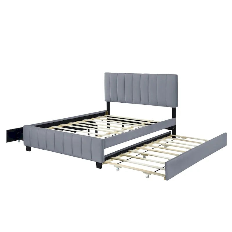 Lit Plateforme Queen Size en Velours avec 1 Lit Gigogne Twin XL, Cadre de Lit Rembourré et 2 Tiroirs de Rangement, Aucun Sommier Tapissier Requis