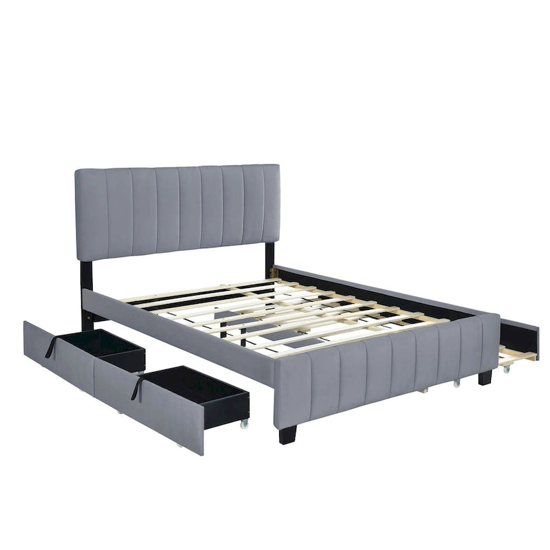 Lit Plateforme Queen Size en Velours avec 1 Lit Gigogne Twin XL, Cadre de Lit Rembourré et 2 Tiroirs de Rangement, Aucun Sommier Tapissier Requis