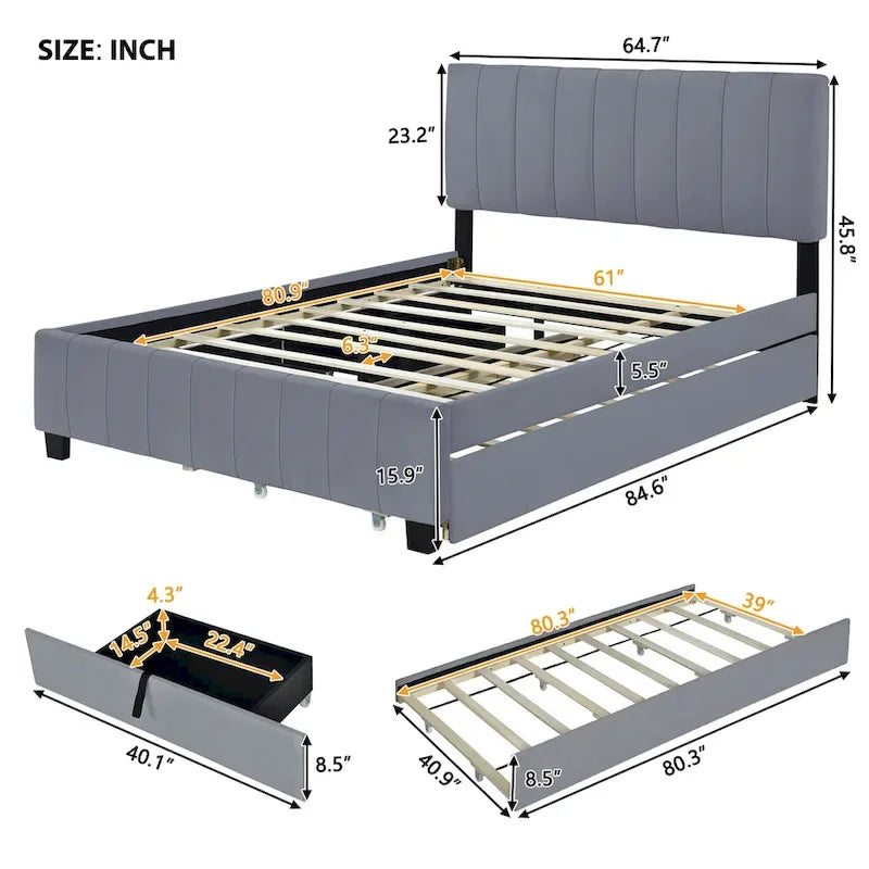 Lit Plateforme Queen Size en Velours avec 1 Lit Gigogne Twin XL, Cadre de Lit Rembourré et 2 Tiroirs de Rangement, Aucun Sommier Tapissier Requis
