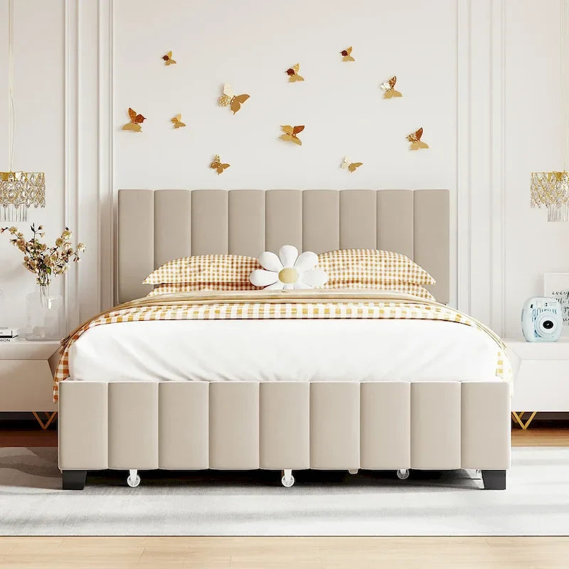 Lit Plateforme Queen Size en Velours avec 1 Lit Gigogne Twin XL, Cadre de Lit Rembourré et 2 Tiroirs de Rangement, Aucun Sommier Tapissier Requis