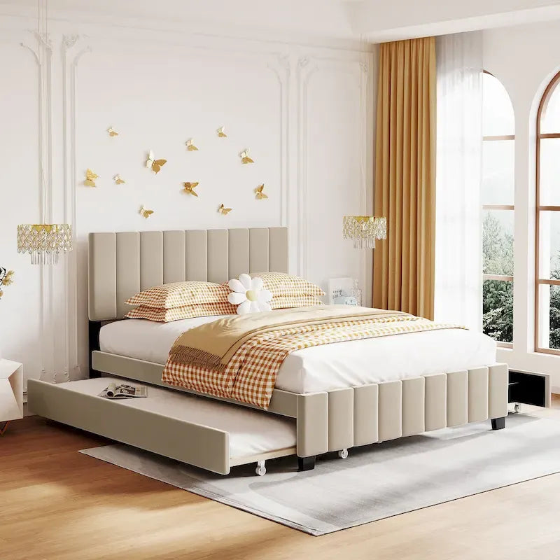 Lit Plateforme Queen Size en Velours avec 1 Lit Gigogne Twin XL, Cadre de Lit Rembourré et 2 Tiroirs de Rangement, Aucun Sommier Tapissier Requis