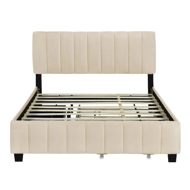 Lit Plateforme Queen Size en Velours avec 1 Lit Gigogne Twin XL, Cadre de Lit Rembourré et 2 Tiroirs de Rangement, Aucun Sommier Tapissier Requis
