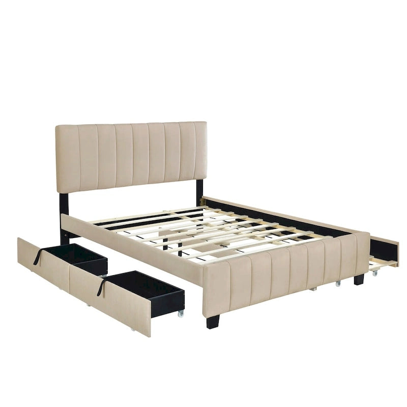 Lit Plateforme Queen Size en Velours avec 1 Lit Gigogne Twin XL, Cadre de Lit Rembourré et 2 Tiroirs de Rangement, Aucun Sommier Tapissier Requis