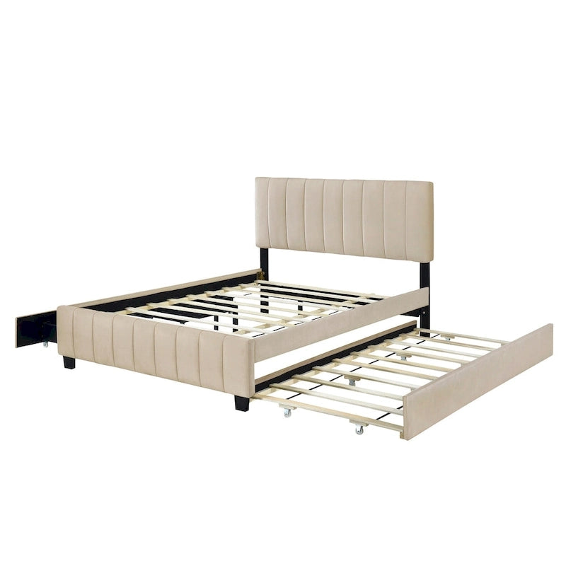 Lit Plateforme Queen Size en Velours avec 1 Lit Gigogne Twin XL, Cadre de Lit Rembourré et 2 Tiroirs de Rangement, Aucun Sommier Tapissier Requis