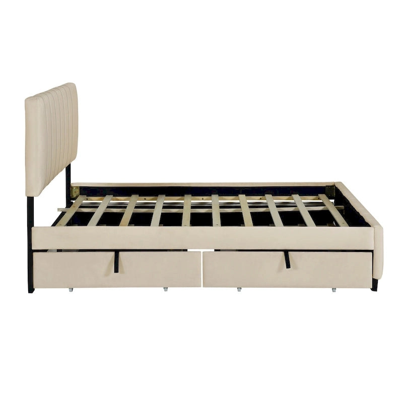 Lit Plateforme Queen Size en Velours avec 1 Lit Gigogne Twin XL, Cadre de Lit Rembourré et 2 Tiroirs de Rangement, Aucun Sommier Tapissier Requis