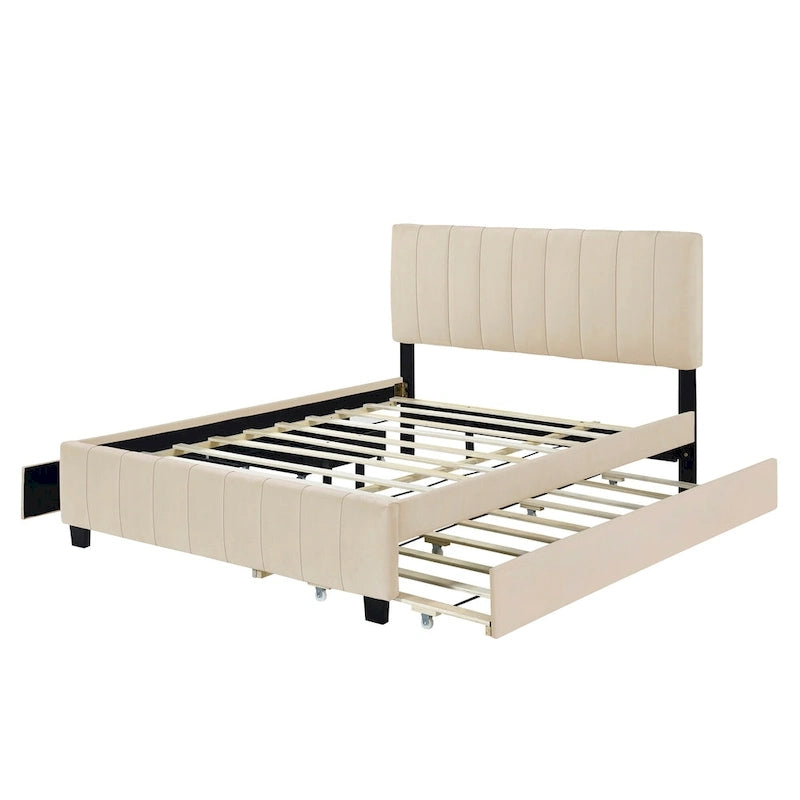 Lit Plateforme Queen Size en Velours avec 1 Lit Gigogne Twin XL, Cadre de Lit Rembourré et 2 Tiroirs de Rangement, Aucun Sommier Tapissier Requis