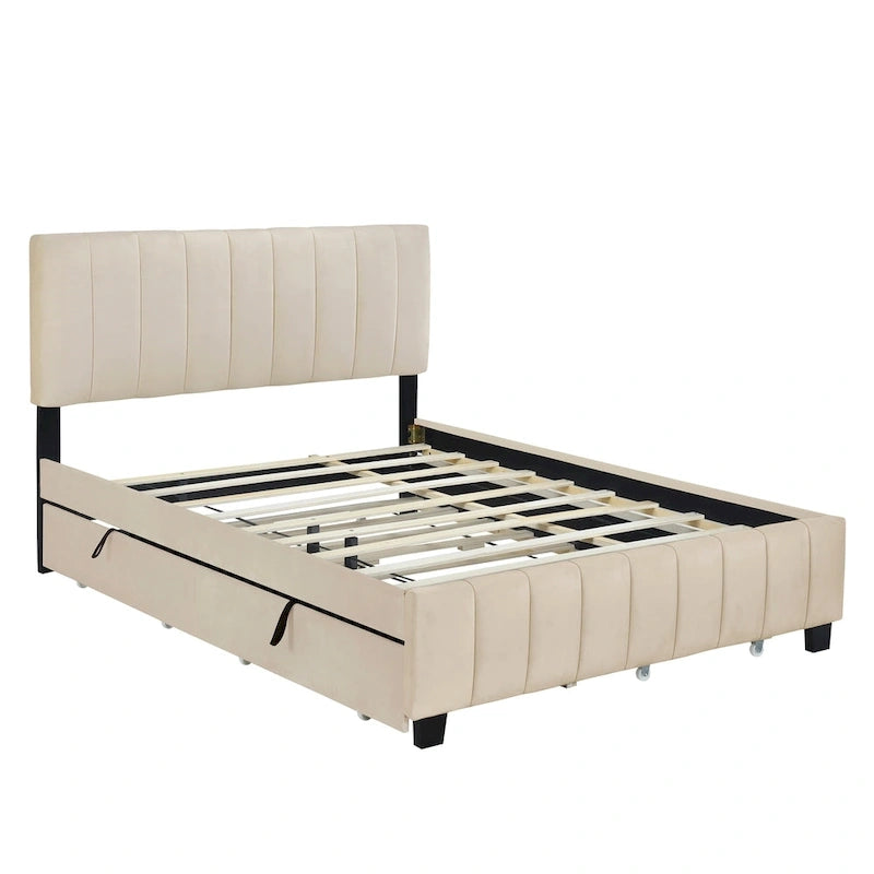 Lit Plateforme Queen Size en Velours avec 1 Lit Gigogne Twin XL, Cadre de Lit Rembourré et 2 Tiroirs de Rangement, Aucun Sommier Tapissier Requis