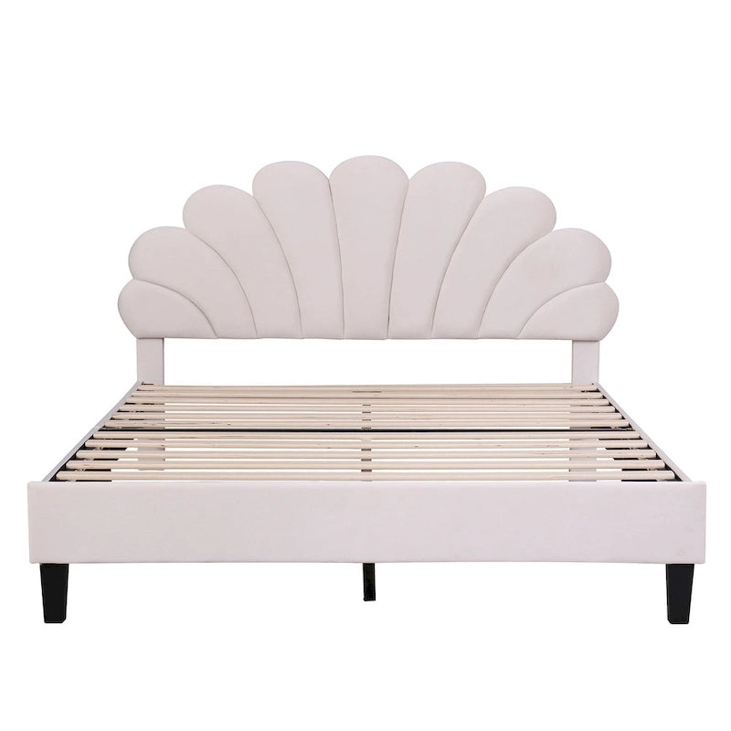 Lit plateforme moderne Queen Size, cadre de lit tapissé de velours avec tête de lit à motif floral et lattes en bois massif