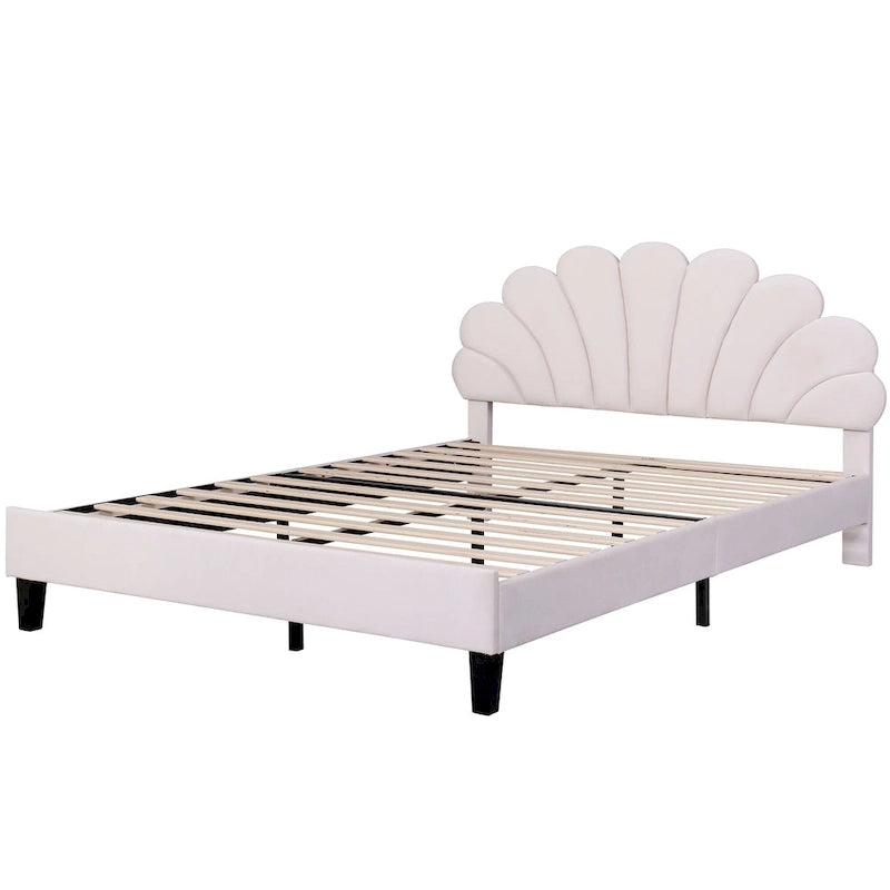 Lit plateforme moderne Queen Size, cadre de lit tapissé de velours avec tête de lit à motif floral et lattes en bois massif