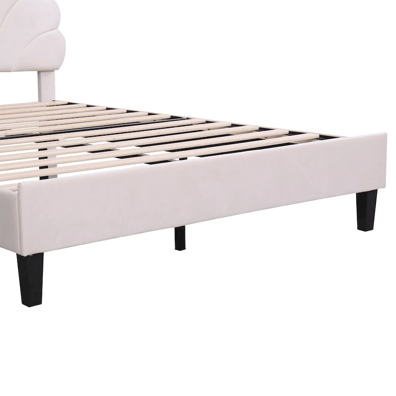 Lit plateforme moderne Queen Size, cadre de lit tapissé de velours avec tête de lit à motif floral et lattes en bois massif