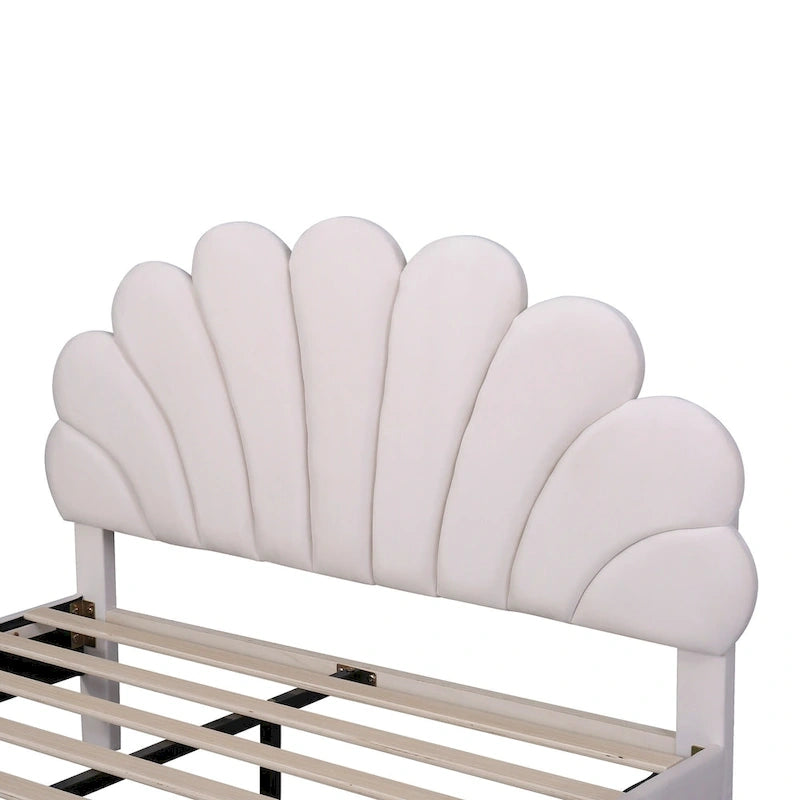 Lit plateforme moderne Queen Size, cadre de lit tapissé de velours avec tête de lit à motif floral et lattes en bois massif