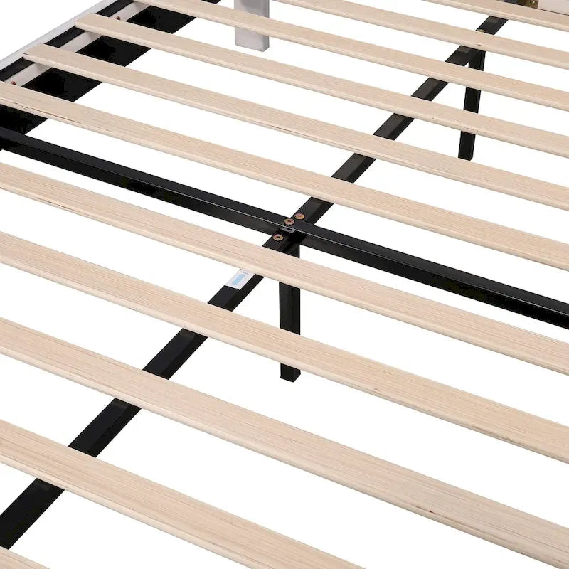 Lit plateforme moderne Queen Size, cadre de lit tapissé de velours avec tête de lit à motif floral et lattes en bois massif