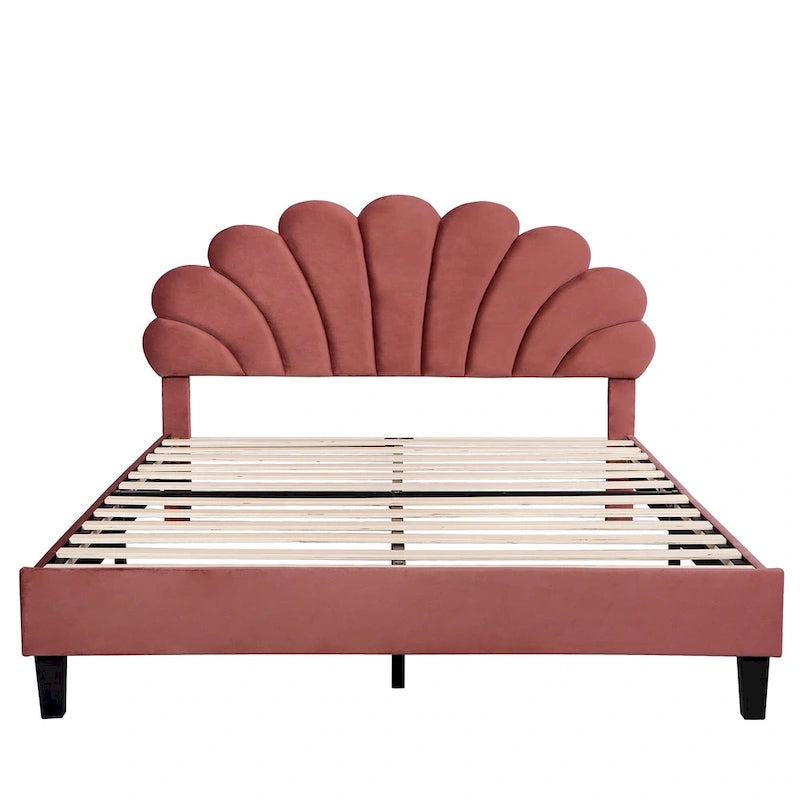Lit plateforme moderne Queen Size, cadre de lit tapissé de velours avec tête de lit à motif floral et lattes en bois massif