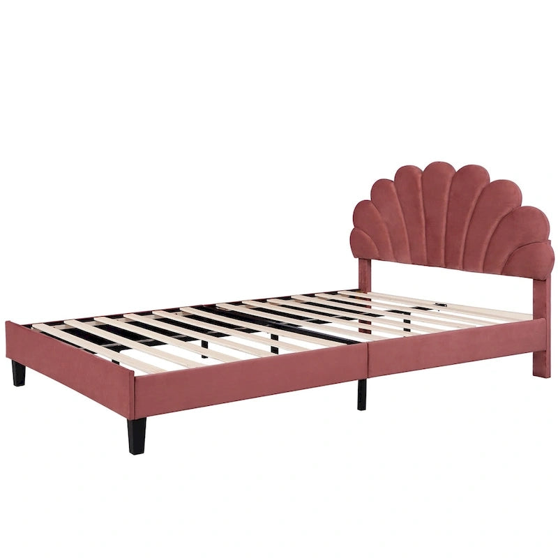 Lit plateforme moderne Queen Size, cadre de lit tapissé de velours avec tête de lit à motif floral et lattes en bois massif