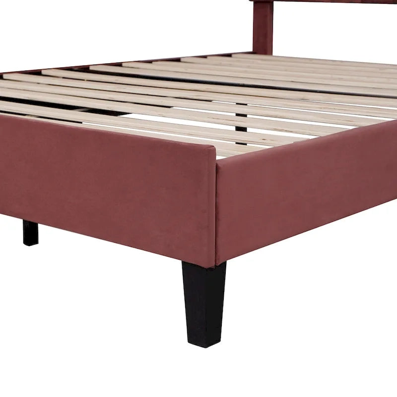 Lit plateforme moderne Queen Size, cadre de lit tapissé de velours avec tête de lit à motif floral et lattes en bois massif