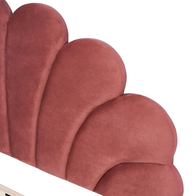 Lit plateforme moderne Queen Size, cadre de lit tapissé de velours avec tête de lit à motif floral et lattes en bois massif