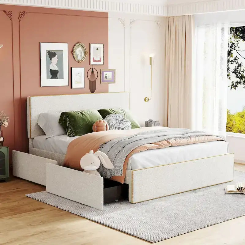 Lit plateforme rembourré Queen Size confortable avec 4 tiroirs grand rangement et tête de lit, pied de lit et tiroirs cachés des deux côtés