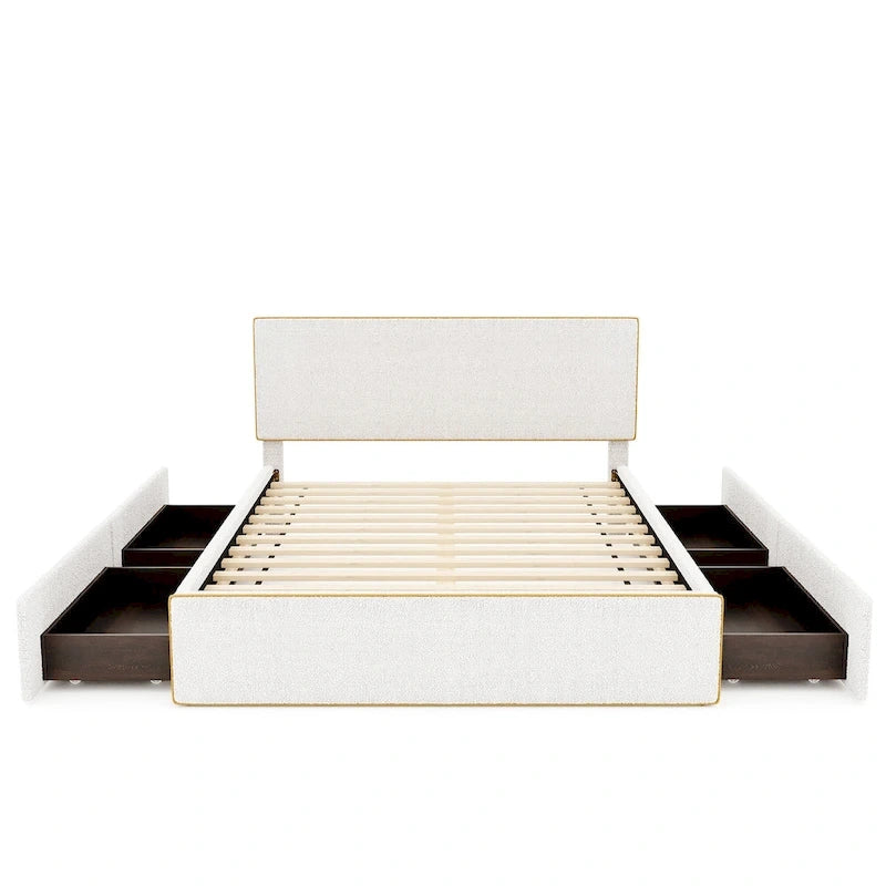 Lit plateforme rembourré Queen Size confortable avec 4 tiroirs grand rangement et tête de lit, pied de lit et tiroirs cachés des deux côtés