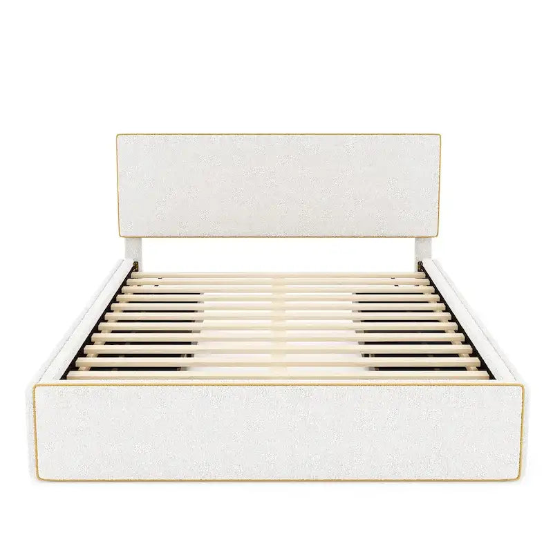 Lit plateforme rembourré Queen Size confortable avec 4 tiroirs grand rangement et tête de lit, pied de lit et tiroirs cachés des deux côtés